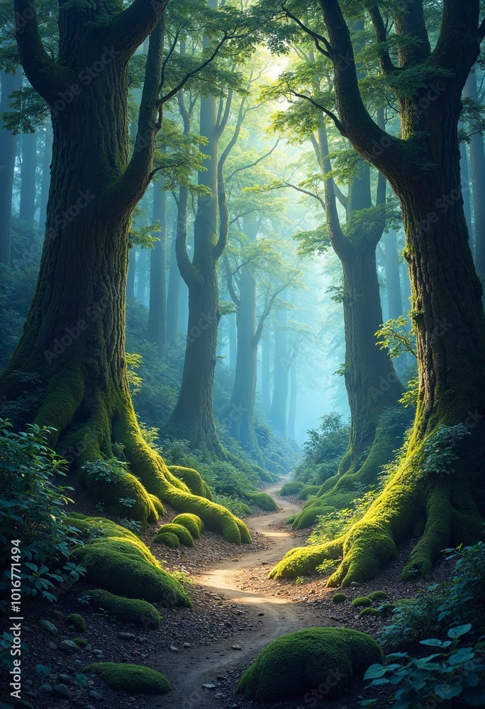 A sunlit path winds through a dense, mossy forest, leading to a mysterious, ethereal clearing A sunlit path winds through a dense, mossy forest, leading to a mysterious, ethereal clearing