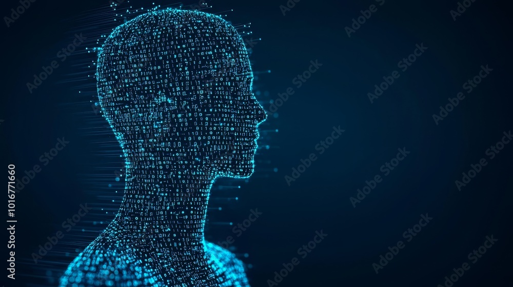 Digital silhouette of a human head composed of glowing particles on a dark background. Digital silhouette of a human head composed of glowing particles on a dark background.