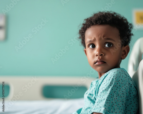 Young patient in hospital bed, looking concerned and underweight. photo