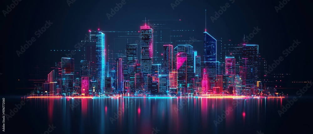 Obraz premium Futuristic city skyline with neon lights reflecting on water, digital art concept.