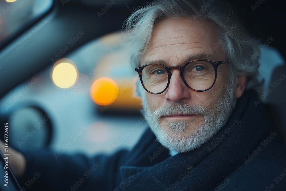 Man wearing glasses and a scarf. He is looking at the camera. The scarf is orange. Senior man driving car, urban cityscape, focused expression, transportation, driving concept Man wearing glasses and a scarf. He is looking at the camera. The scarf is orange. Senior man driving car, urban cityscape, focused expression, transportation, driving concept
