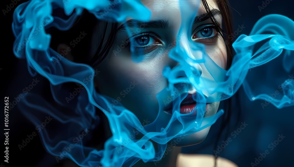 A woman's face is partially obscured by swirling blue smoke, creating a mystical and ethereal effect A woman's face is partially obscured by swirling blue smoke, creating a mystical and ethereal effect