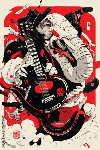 Elephant with a guitar fused into its body, surreal and abstract017