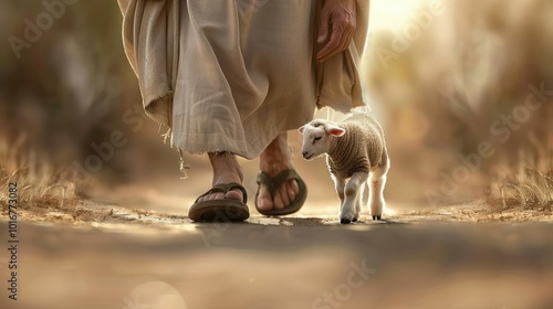 Jesus is walking with his hand on the lamb's head