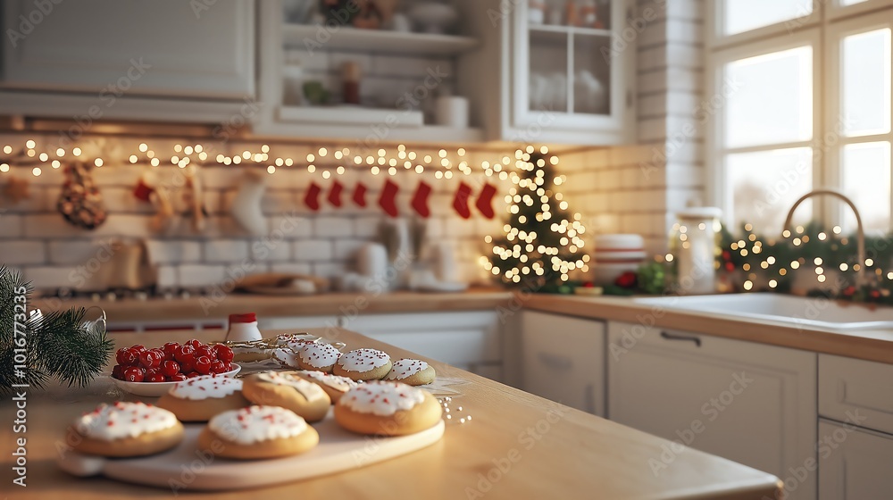 Kitchen with Christmas cookies and festive decorations, holiday baking scene. Kitchen with Christmas cookies and festive decorations, holiday baking scene.
