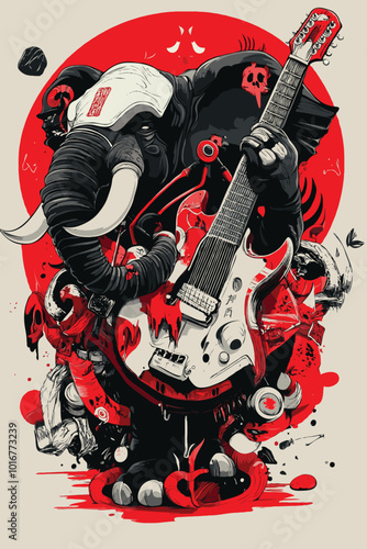 Elephant with a guitar fused into its body, surreal and abstract018
