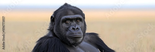  A tight shot of a gorilla among tall grasses, hazy sky overhead