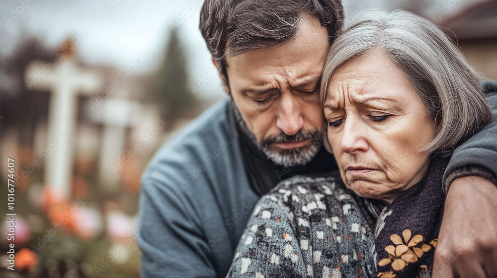 Portrait of sorrowful senior woman grieving over loss of loved one leaning on comforting man during memorial ceremony at gravesite, copy space Portrait of sorrowful senior woman grieving over loss of loved one leaning on comforting man during memorial ceremony at gravesite, copy space