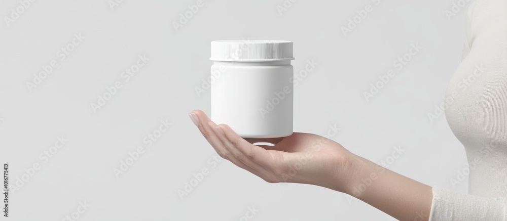 Focus on female hand holding white mockup jar. Focus on female hand holding white mockup jar.