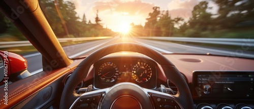 Hands on the steering wheel, driving along the highway. The sunset light filters through the car's interior, offering a driver's point of view. 