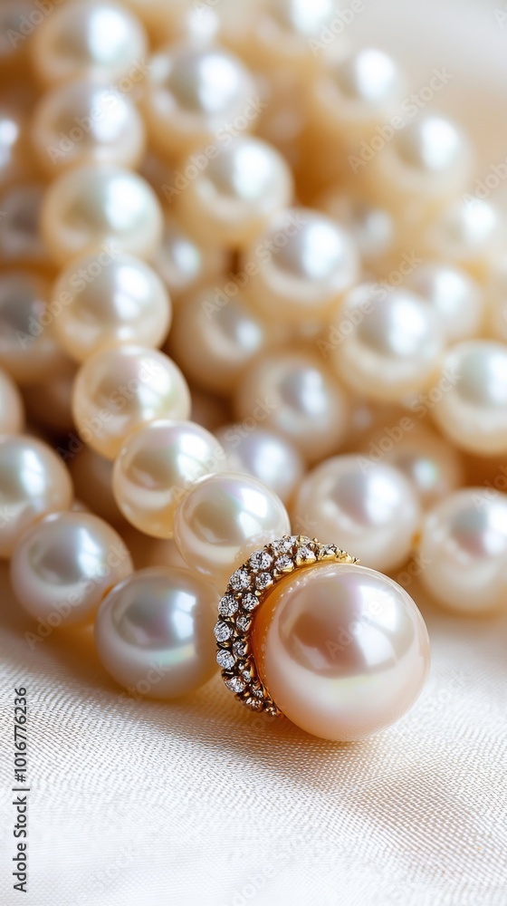 A tight shot of several pearls, with a diamond-encrusted ring atop one string A tight shot of several pearls, with a diamond-encrusted ring atop one string