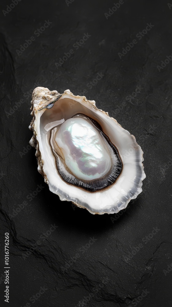 A tight shot of a pearly oyster shell, revealing a white pearl within against a dark backdrop The shell's surface displays a minuscule fissure in its center A tight shot of a pearly oyster shell, revealing a white pearl within against a dark backdrop The shell's surface displays a minuscule fissure in its center