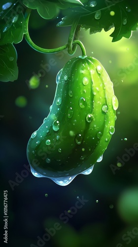  A cucumber dangles from a tree, its leaves bedecked with water droplets photo