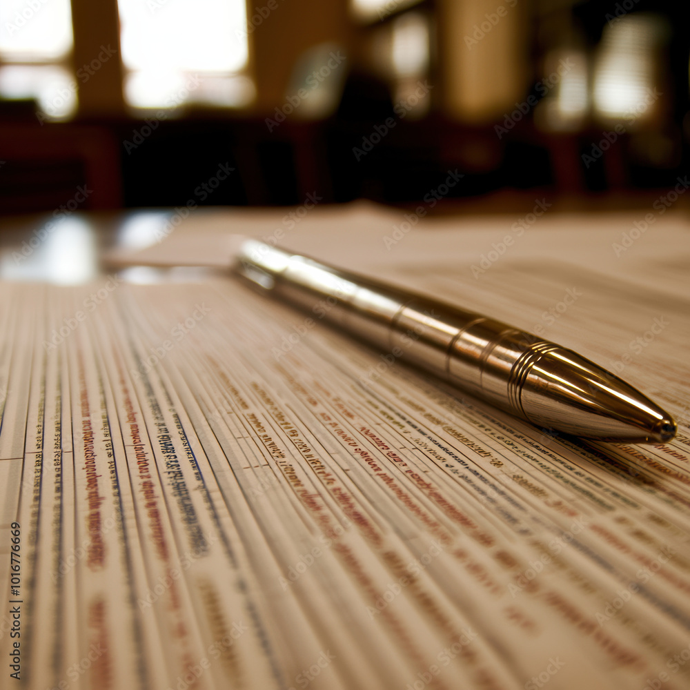 Fototapeta premium image features close up of silver pen resting on stack of financial governance documents, showcasing detailed text and lines. setting conveys sense of professionalism and organization