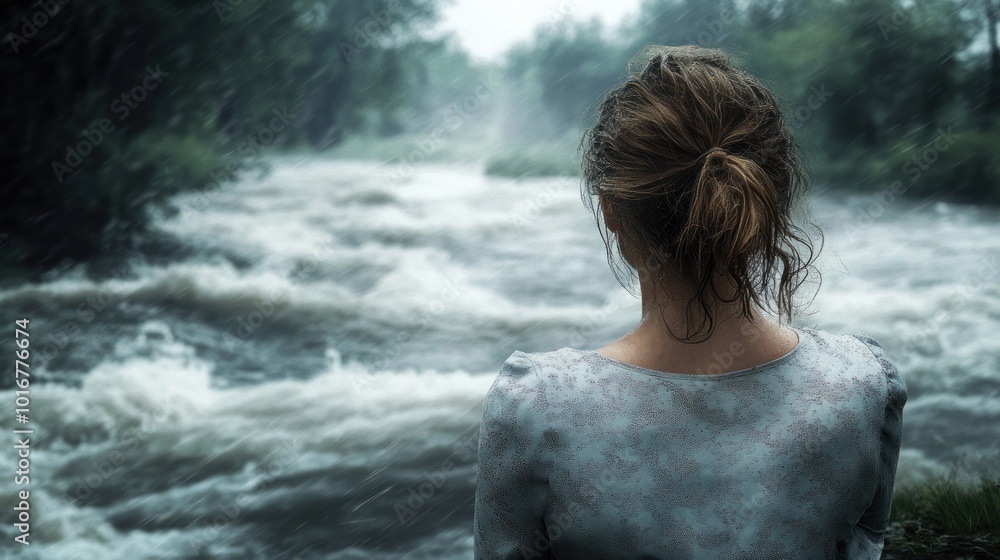 Fototapeta premium A woman gazes at a turbulent river in a moody, rainy landscape.