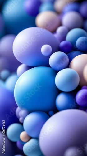  A tight shot of several blue and purple balloons with one white balloon centrally positioned