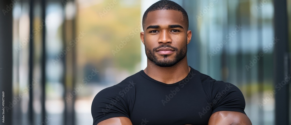 A man, arms crossed, stands before a glass wall A man, arms crossed, stands before a glass wall