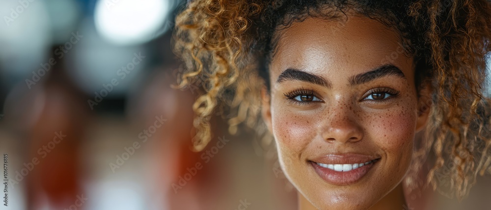  Close-up of woman's smiling face with curly hair