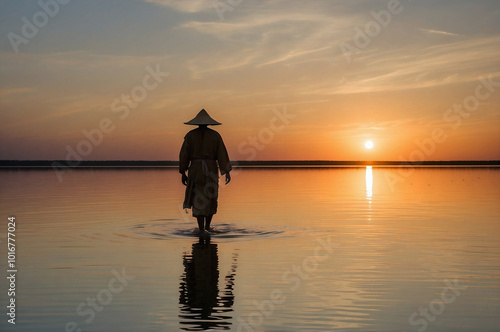 Tranquil Sunset Silhouette: Person Walking Through Shallow Water with Traditional Yoke photo