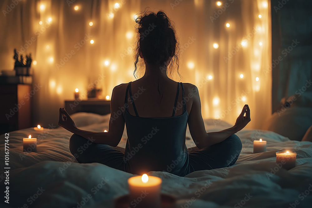 Woman meditating before bed, sitting on a soft bed with candles and calming atmosphere, preparing for a healthy night's sleep. Woman meditating before bed, sitting on a soft bed with candles and calming atmosphere, preparing for a healthy night's sleep.