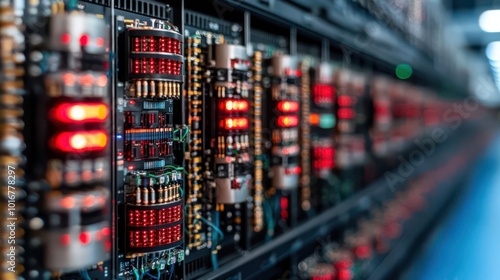 Close-up view of a server rack filled with electronic components and illuminated panels, highlighting modern technology.