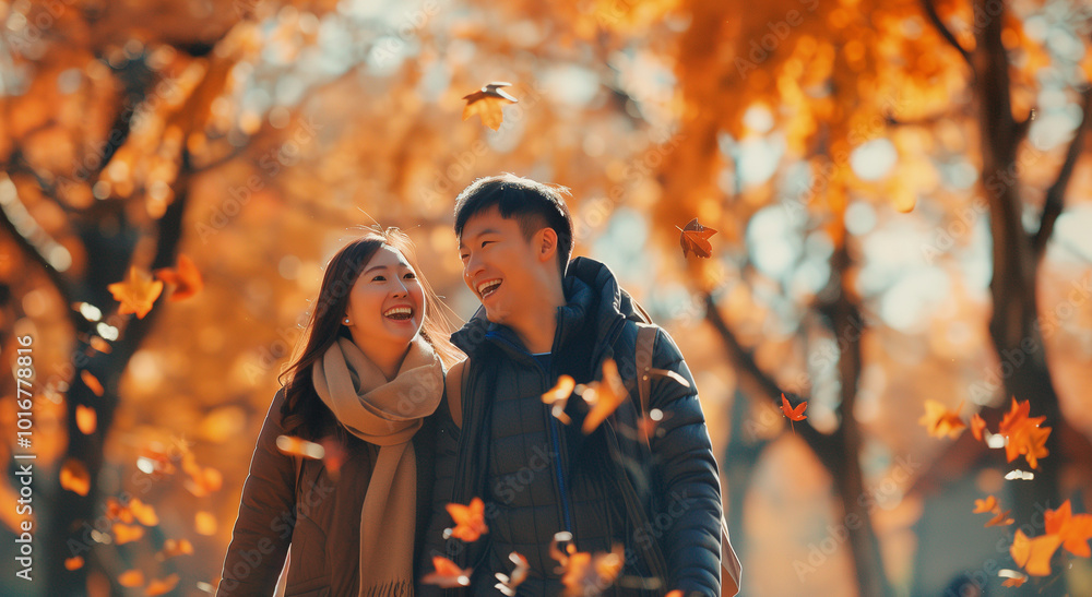 Asian couple walking in a park and having fun in a beautiful autumn day, generated ai Asian couple walking in a park and having fun in a beautiful autumn day, generated ai