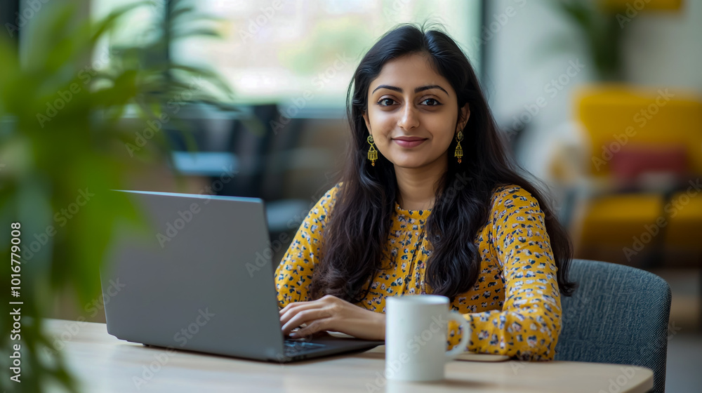 A modern Indian woman sitting at her desk, working on a laptop with a coffee mug beside her and a digital clock in front of the table A modern Indian woman sitting at her desk, working on a laptop with a coffee mug beside her and a digital clock in front of the table