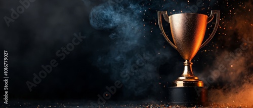  A golden trophy against a black surface, encircled by smoke and scattered gold flecks on a dark backdrop – copious empty space available