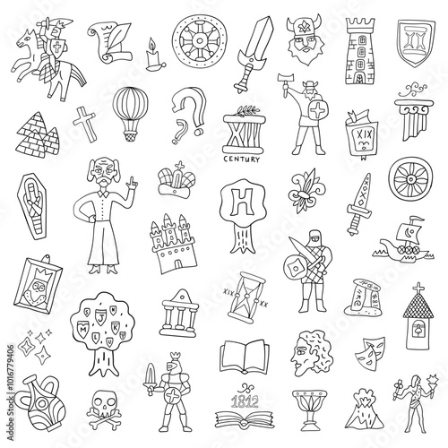 Symbols of history doodle set, hand drawn people characters, historical monuments, objects and signs isolated vector elements