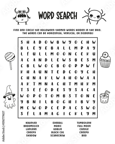 Halloween. Word search game puzzle for kids. English words. Cartoon, kawaii. Isolated vector illustration eps 10
