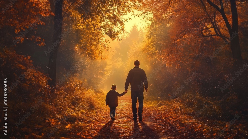 Fototapeta premium Father and Son Walking Through Autumn Forest Path