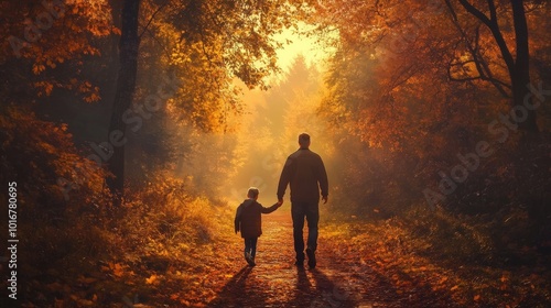 Wallpaper Mural Father and Son Walking Through Autumn Forest Path Torontodigital.ca