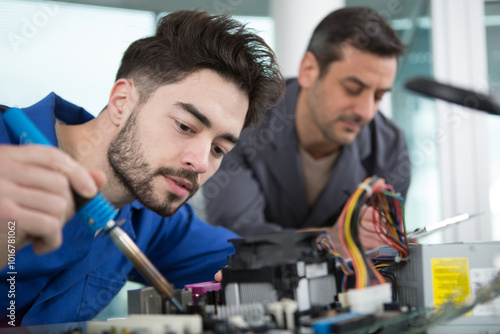 two men repairing a desktop computer