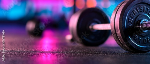  A pair of dumbbells lies before a nebulous neon backdrop