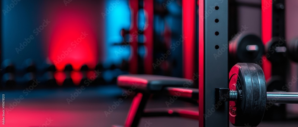 Fototapeta premium A tight shot of a barbell in a gym, backdrop lit with red and blue lights