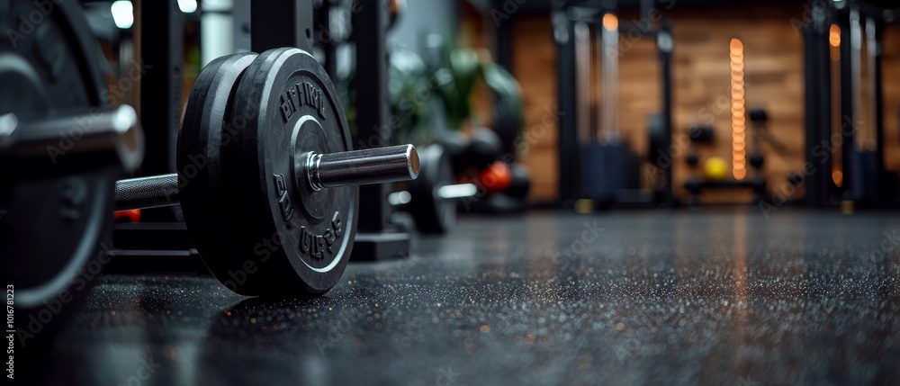 Naklejka premium A tight shot of a barbell on a gym floor, with the barbell positioned centrally