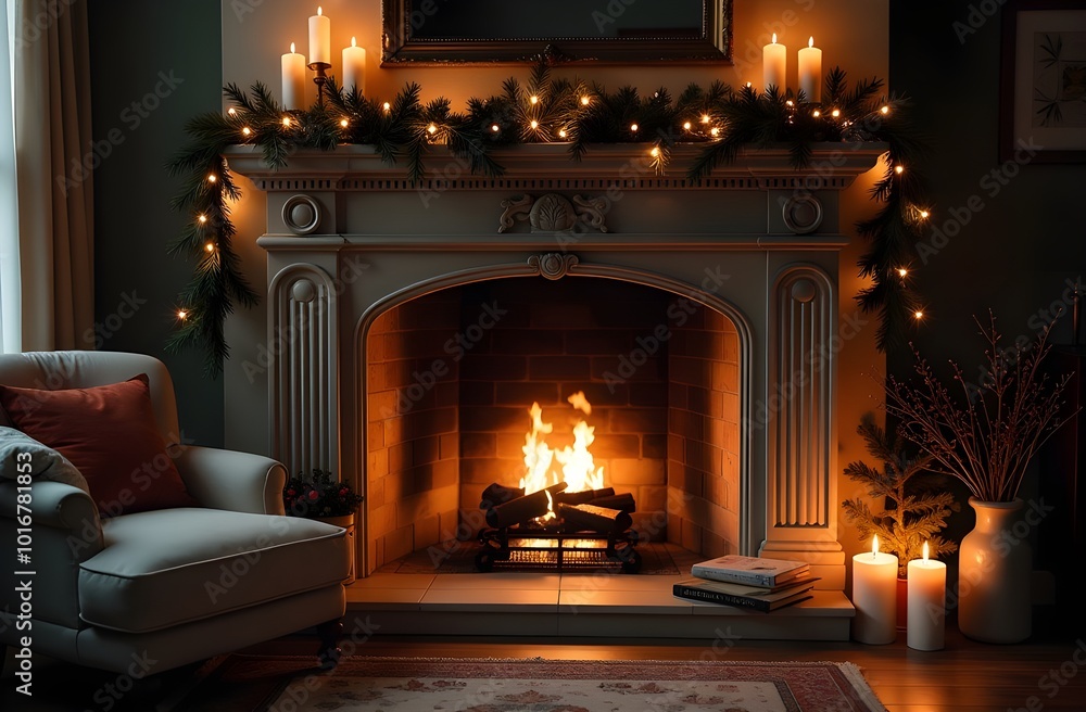 Fireplace in the house. Christmas fireplace in the room. New Year's decor in the house. House decorated with Christmas decor. Cozy Christmas evening Fireplace in the house. Christmas fireplace in the room. New Year's decor in the house. House decorated with Christmas decor. Cozy Christmas evening