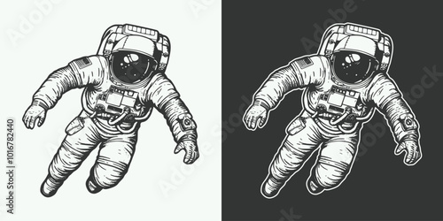 Vintage retro jand drawn engraving illustration of space galaxy astronaut in outter space view