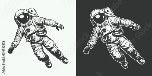 Vintage retro jand drawn engraving illustration of space galaxy astronaut in outter space view