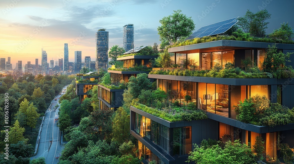 A wide shot of a futuristic eco-friendly cityscape with sleek skyscrapers featuring green rooftops, solar panels, and wind turbines, with tree-lined streets adding natural beauty. 