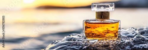  A bottle of perfume atop a rock, overhanging water, sunset backdrop
