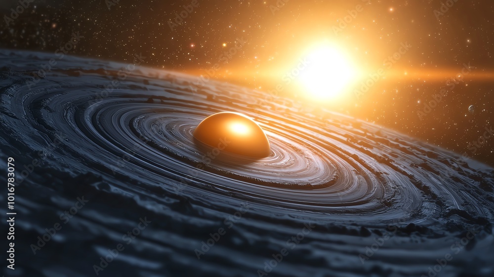 A golden planet in a swirling ring system with a sun. A golden planet in a swirling ring system with a sun.