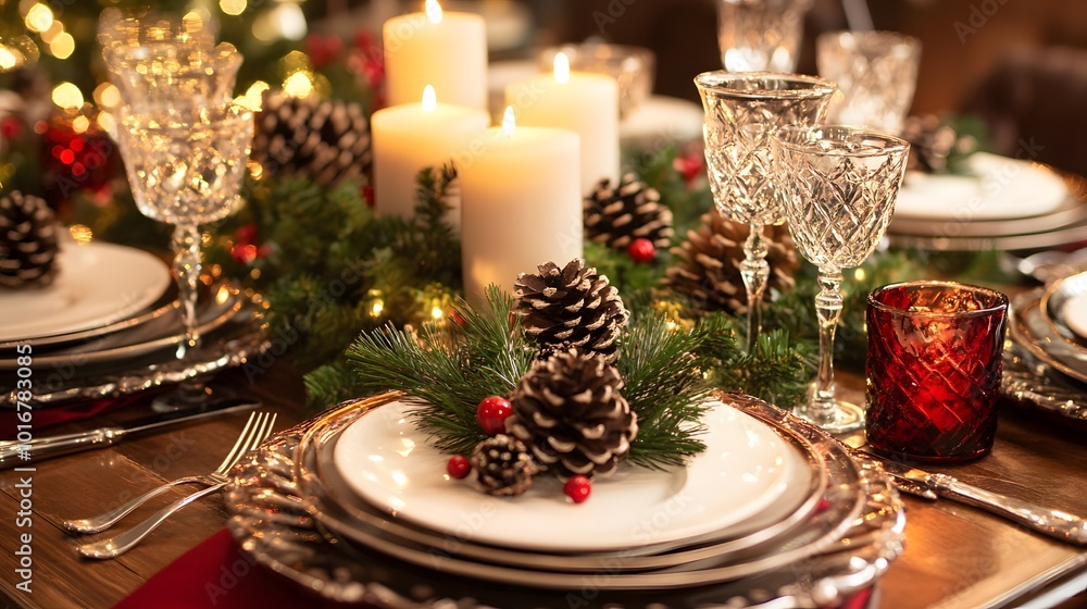 Festive Christmas Table Setting with Candles and Pine Cones Festive Christmas Table Setting with Candles and Pine Cones