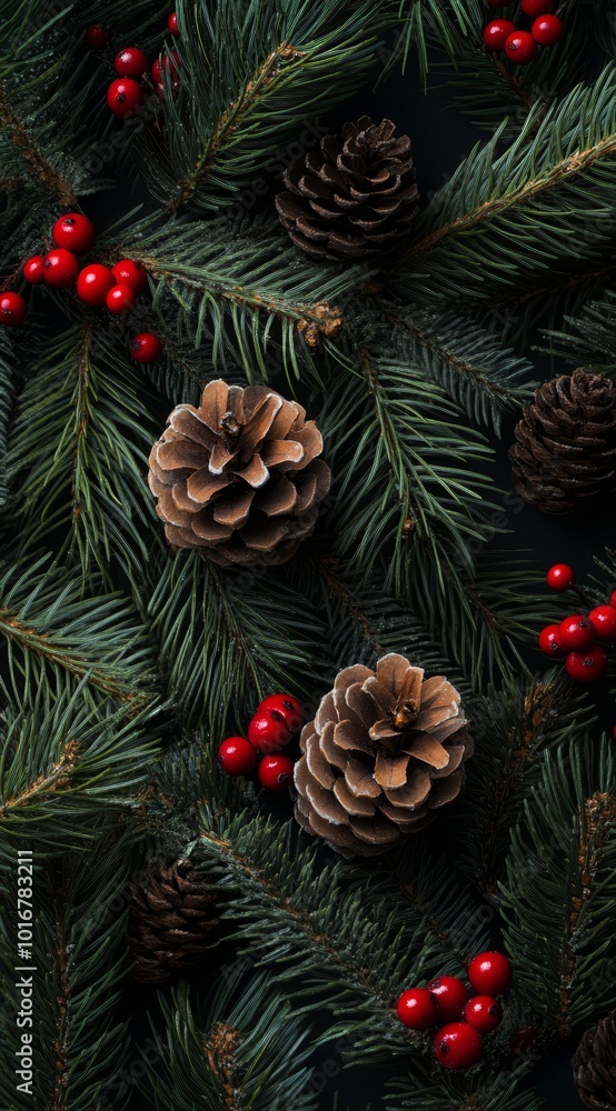Close-up of pine cones and red berries against evergreen needles on a pine tree, set against a black backdrop ..Or, for Close-up of pine cones and red berries against evergreen needles on a pine tree, set against a black backdrop ..Or, for