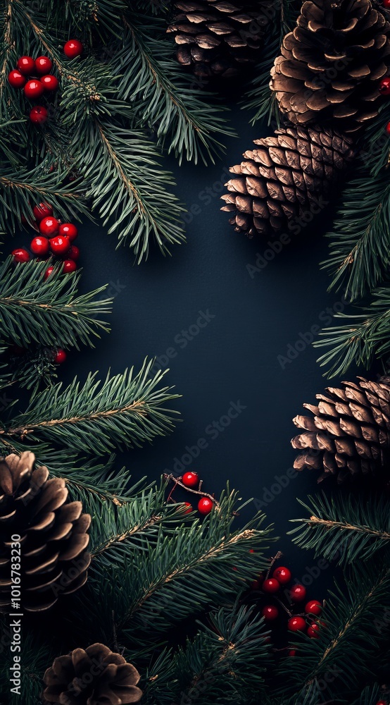 Pine cones and red berries on pine branches against a black backdrop Inscribe text here Pine cones and red berries on pine branches against a black backdrop Inscribe text here