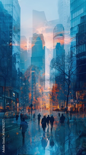 Modern glass skyscrapers in the city center with a double exposure effect. Blue abstract background for a business concept design, corporate presentation, and web banner.