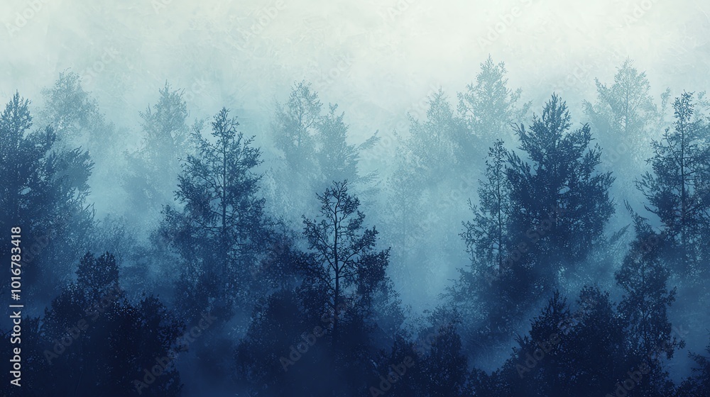 Obraz premium A misty forest with tall trees silhouetted against a blue sky.