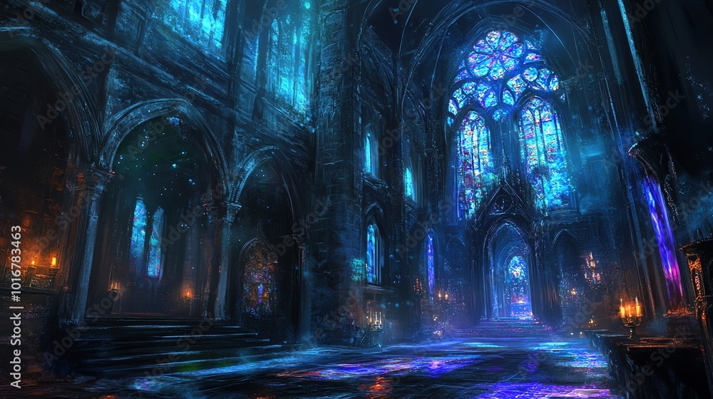 Fototapeta premium A mystical cathedral bathed in ethereal blue light.
