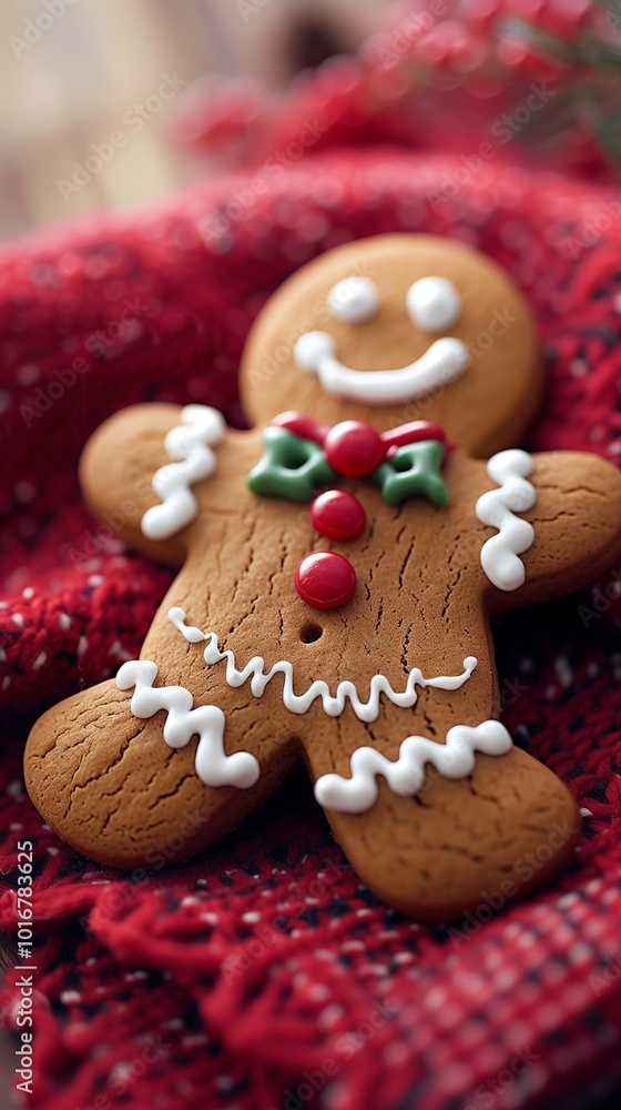 Gingerbread Cookie on Cozy Red Knit Fabric, Festively Adorned for the Holidays Gingerbread Cookie on Cozy Red Knit Fabric, Festively Adorned for the Holidays
