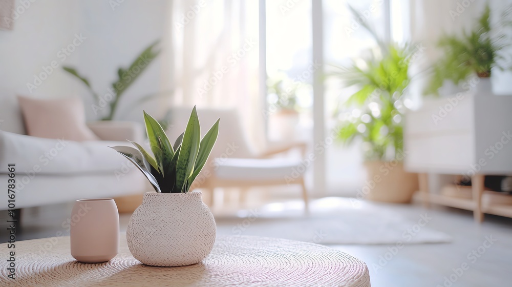 Plant in vase on coffee table in living room. Plant in vase on coffee table in living room.